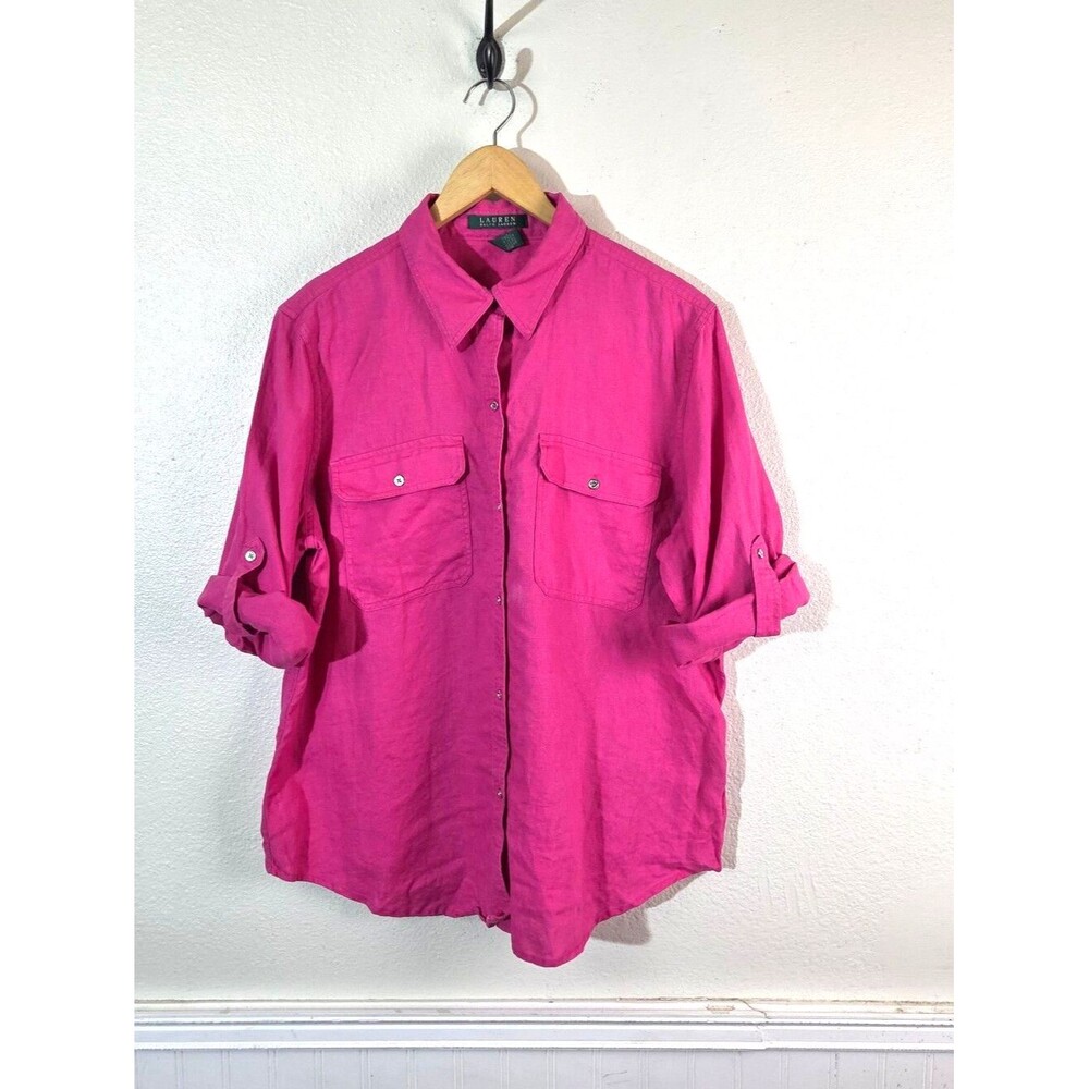 Lauren Ralph Lauren Pink 100% Linen Shirt XL Roll Tab Sleeves Button Up Pockets